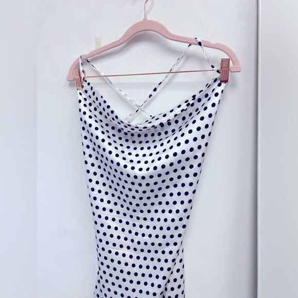 Pretty‎ Little Thing White Polka Dot Satin Open Back Midi Slip Dress Sz 12 - Picture 3 of 7
